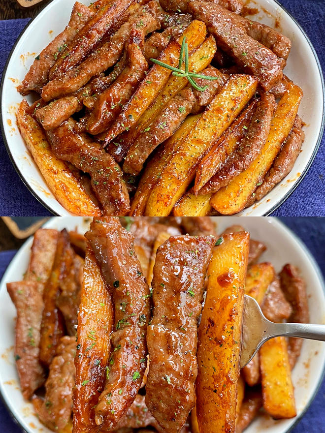 香到爆❗️嫩滑好吃的牛排土豆煎锅，超解馋～